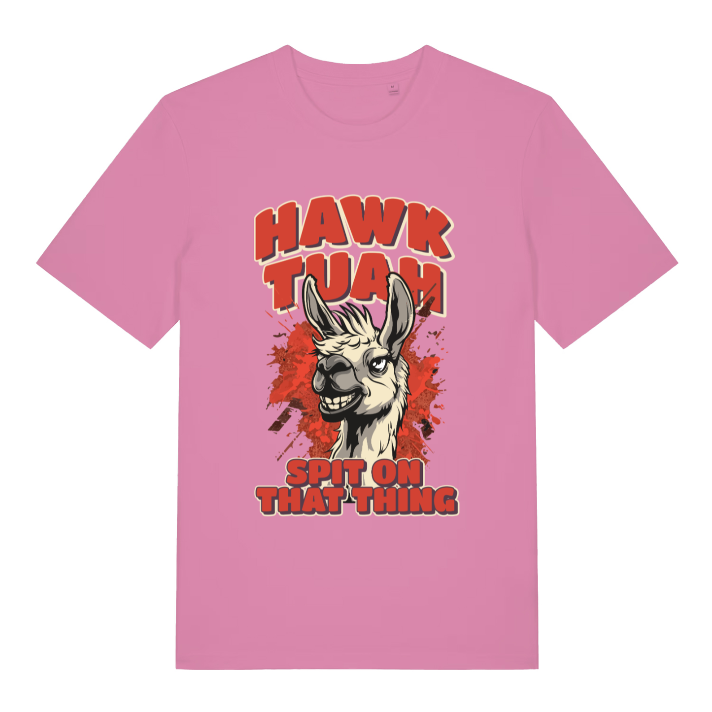 Bubble Pink women's Hawk Tuah Spit T-shirt flat lay featuring funny llama hawk tuah design