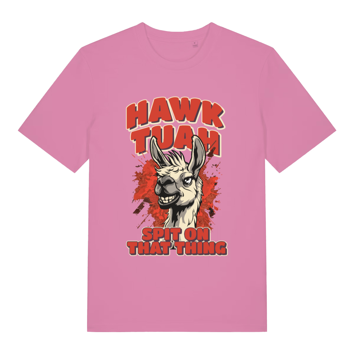 Bubble Pink women's Hawk Tuah Spit T-shirt flat lay featuring funny llama hawk tuah design