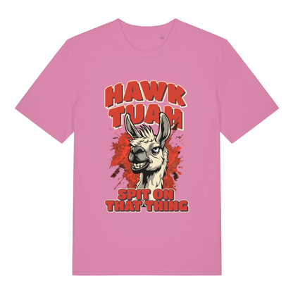 Bubble Pink women's Hawk Tuah Spit T-shirt flat lay featuring funny llama hawk tuah design