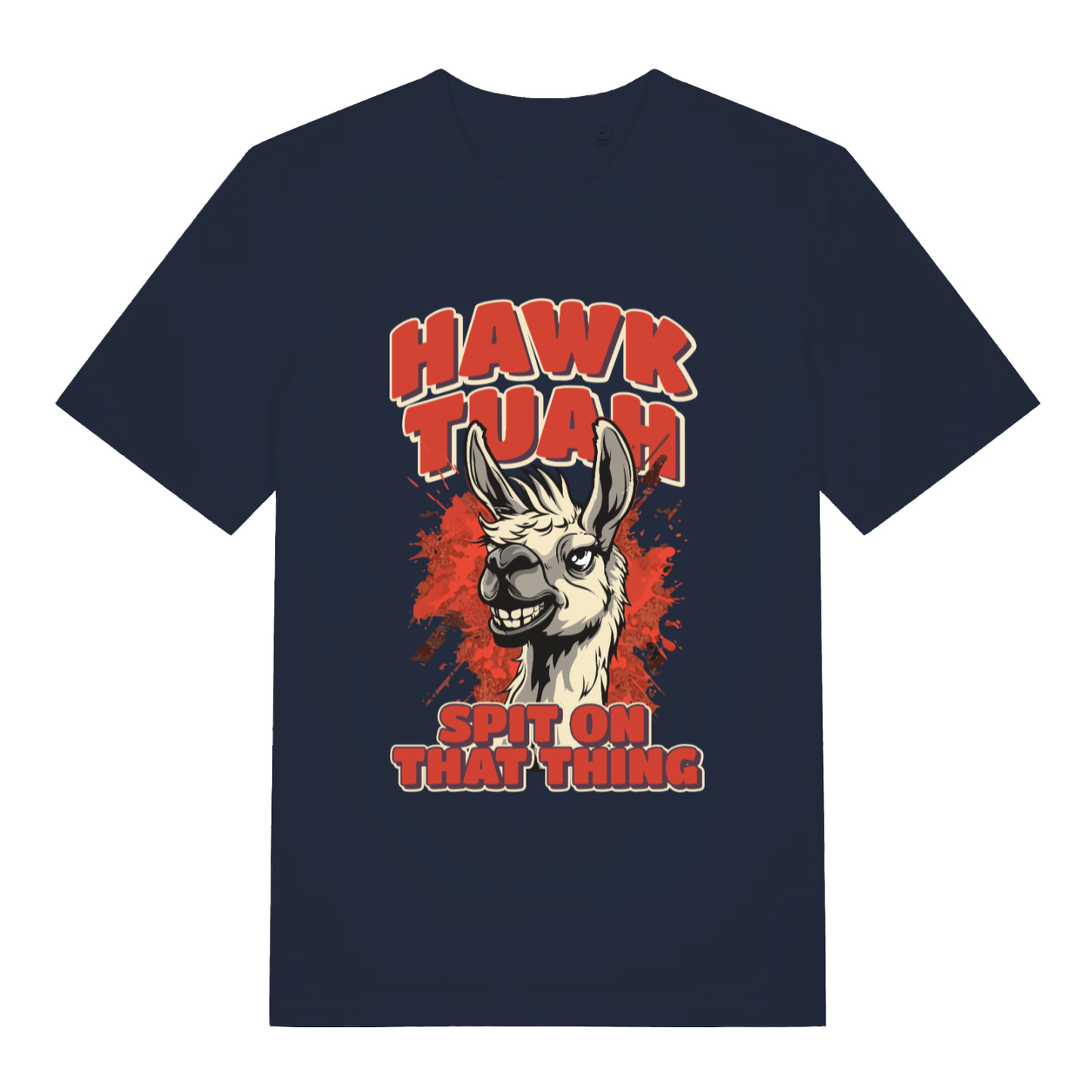 French Navy women's Hawk Tuah Spit T-shirt flat lay showing "spit on that thing" llama illustration