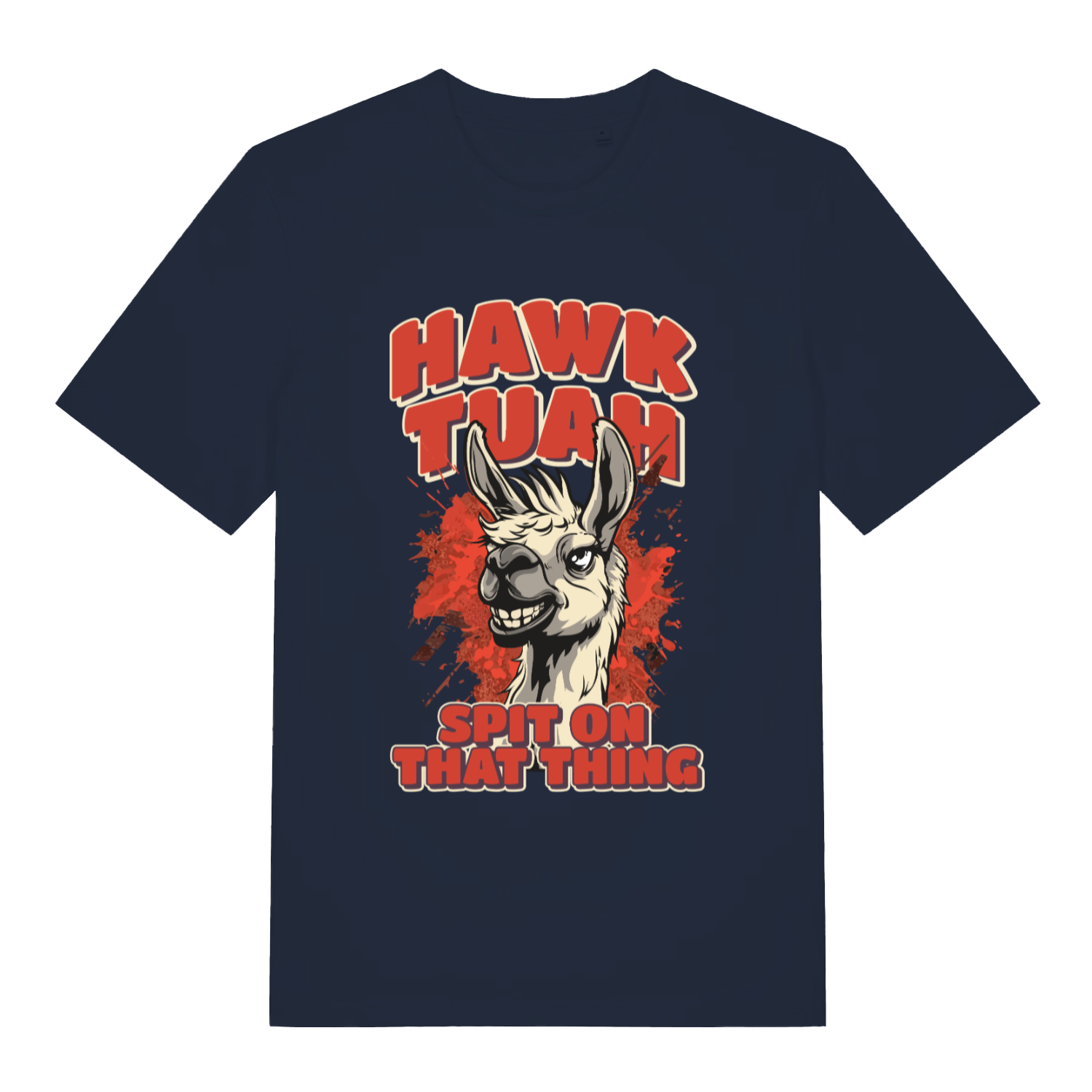 French Navy women's Hawk Tuah Spit T-shirt flat lay showing "spit on that thing" llama illustration