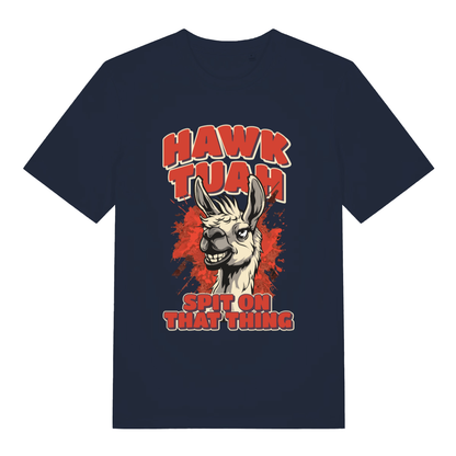 French Navy women's Hawk Tuah Spit T-shirt flat lay showing "spit on that thing" llama illustration
