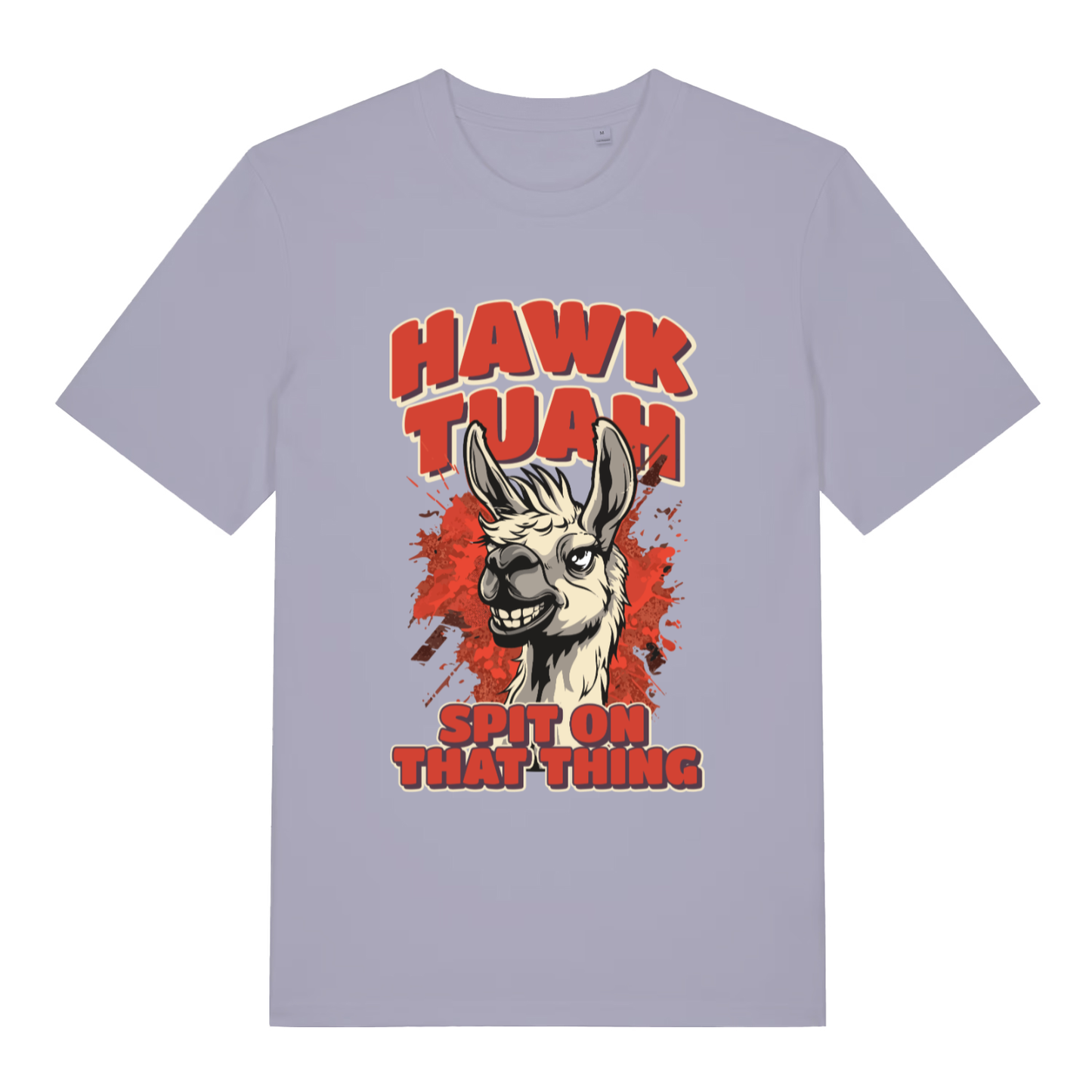 Lavender women's Hawk Tuah Spit T-shirt flat lay with humorous viral meme llama graphic