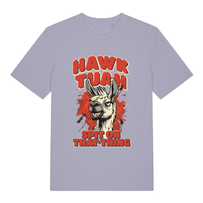 Lavender women's Hawk Tuah Spit T-shirt flat lay with humorous viral meme llama graphic