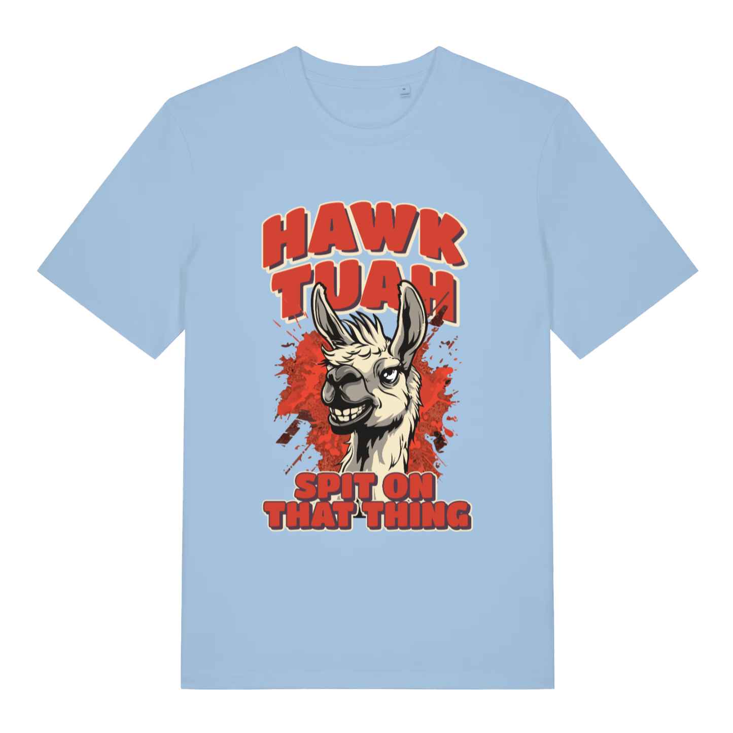 Light Blue women's Hawk Tuah Spit T-shirt flat lay displaying "Hawk Tuah" llama slogan design