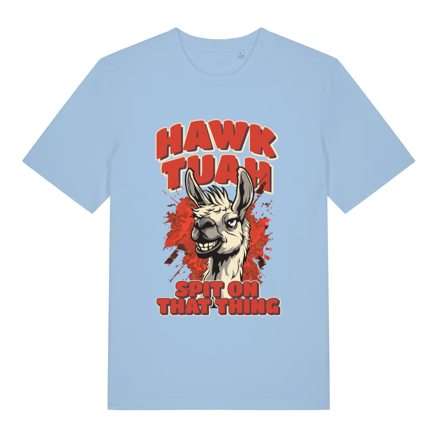 Light Blue women's Hawk Tuah Spit T-shirt flat lay displaying "Hawk Tuah" llama slogan design
