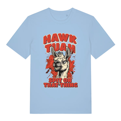 Light Blue women's Hawk Tuah Spit T-shirt flat lay displaying "Hawk Tuah" llama slogan design