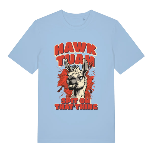 Light Blue women's Hawk Tuah Spit T-shirt flat lay displaying "Hawk Tuah" llama slogan design