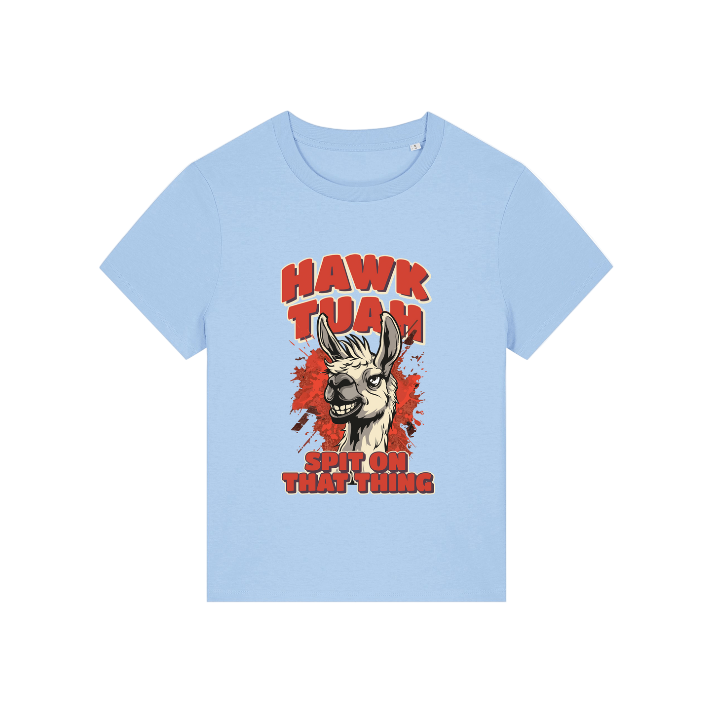 light blue funny graphic t-shirt with a llama and the slogan 'hawk tuah spit on that thing'