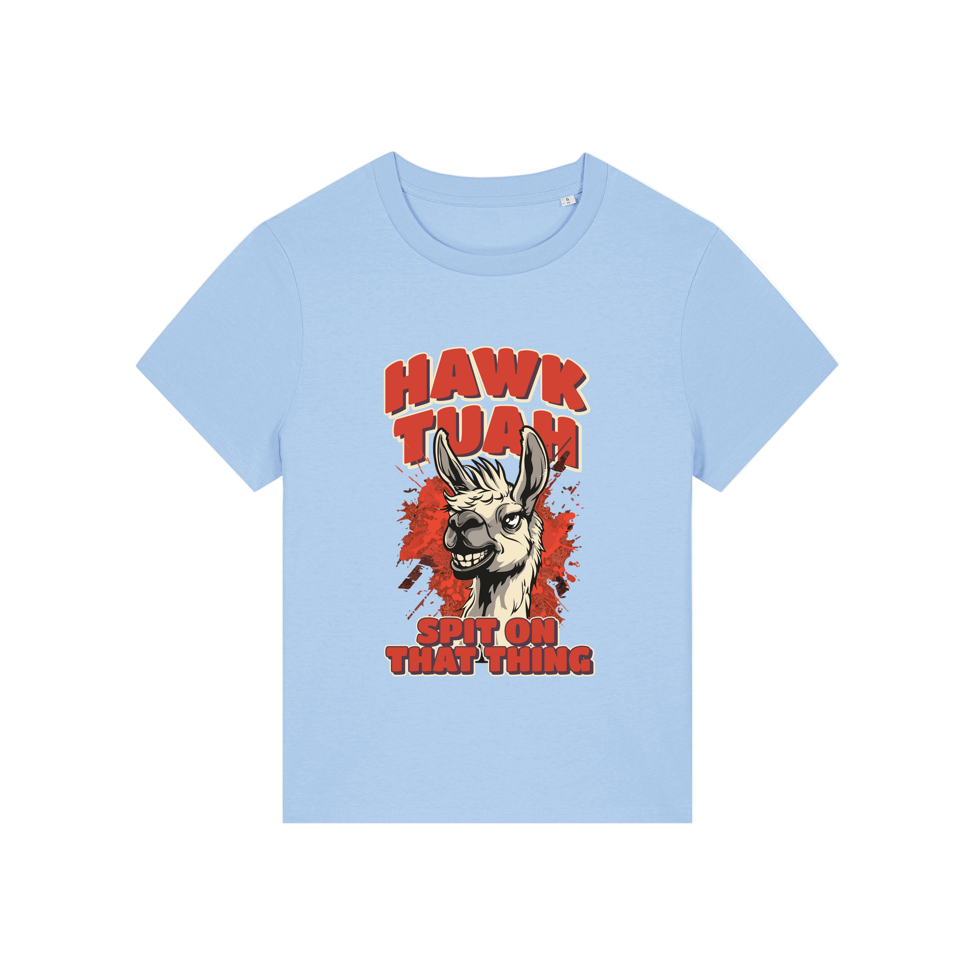 light blue funny graphic t-shirt with a llama and the slogan 'hawk tuah spit on that thing'