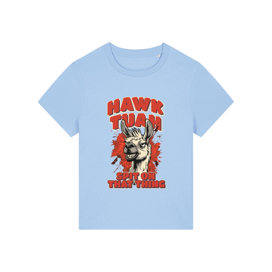 light blue funny graphic t-shirt with a llama and the slogan 'hawk tuah spit on that thing'