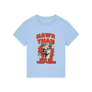light blue funny graphic t-shirt with a llama and the slogan 'hawk tuah spit on that thing'