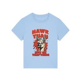 light blue funny graphic t-shirt with a llama and the slogan 'hawk tuah spit on that thing'