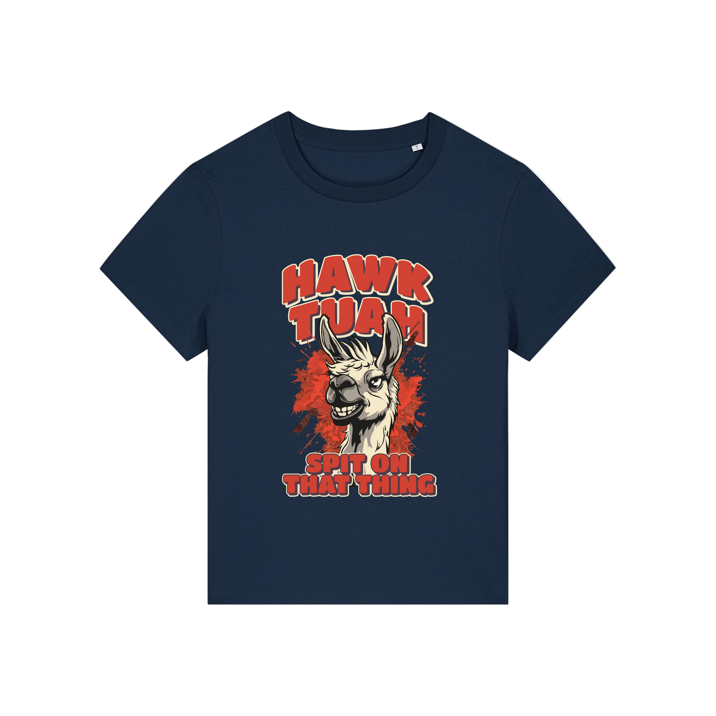 navy funny graphic t-shirt with a llama and the slogan 'hawk tuah spit on that thing'