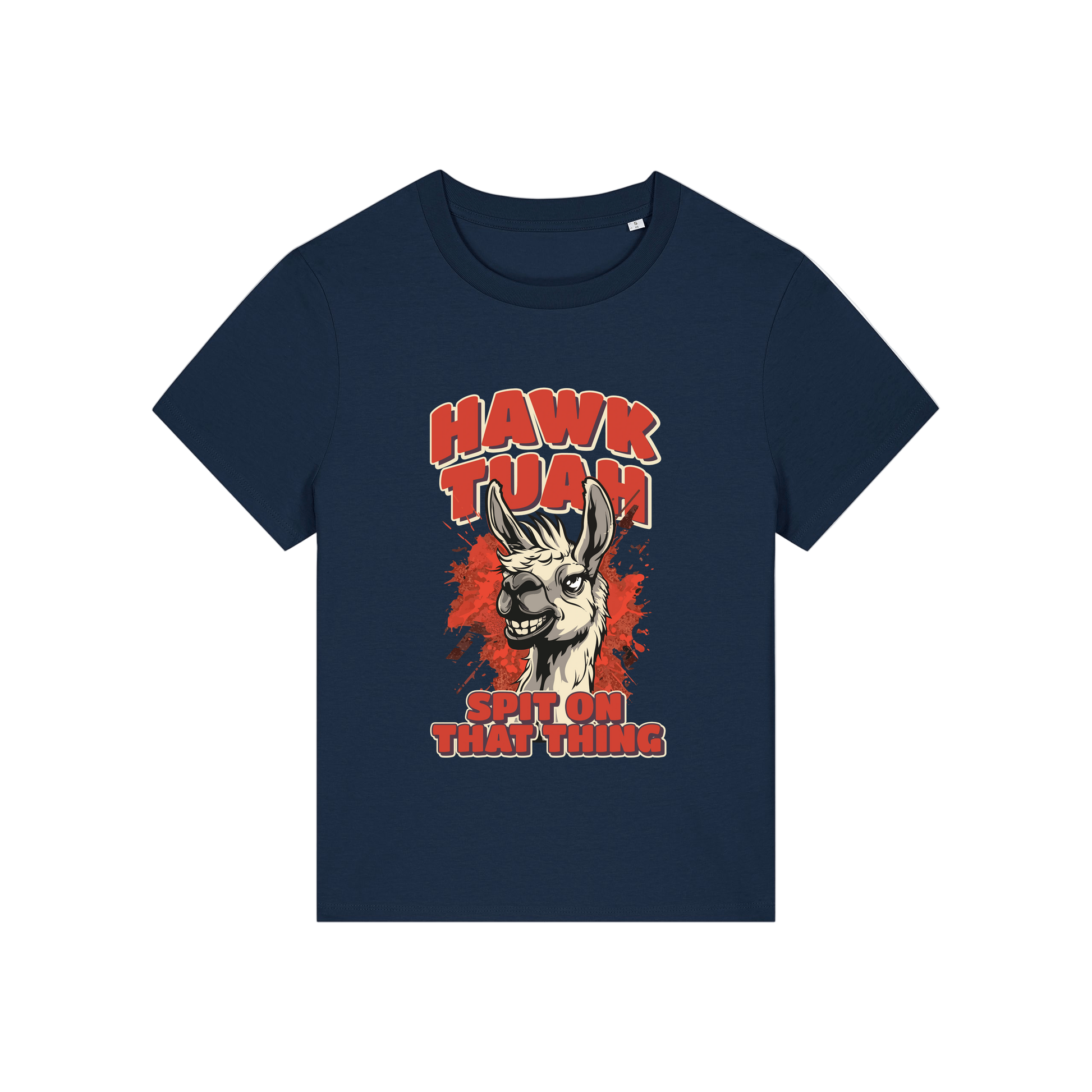 navy funny graphic t-shirt with a llama and the slogan 'hawk tuah spit on that thing'