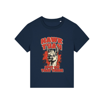 navy funny graphic t-shirt with a llama and the slogan 'hawk tuah spit on that thing'