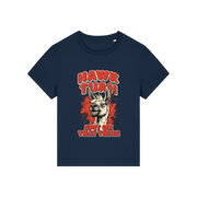 navy funny graphic t-shirt with a llama and the slogan 'hawk tuah spit on that thing'