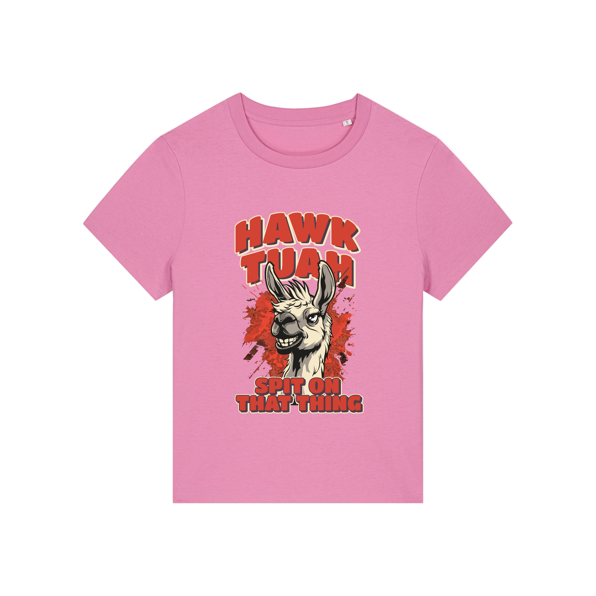 pink funny graphic t-shirt with a llama and the slogan 'hawk tuah spit on that thing'