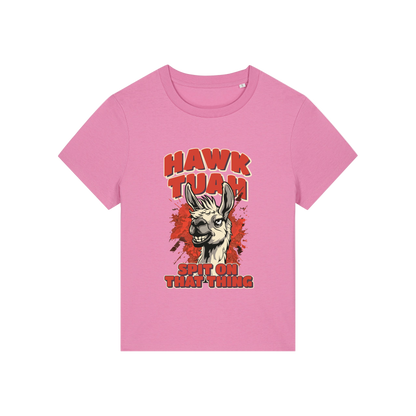 pink funny graphic t-shirt with a llama and the slogan 'hawk tuah spit on that thing'