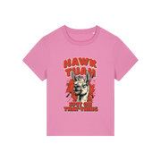 pink funny graphic t-shirt with a llama and the slogan 'hawk tuah spit on that thing'