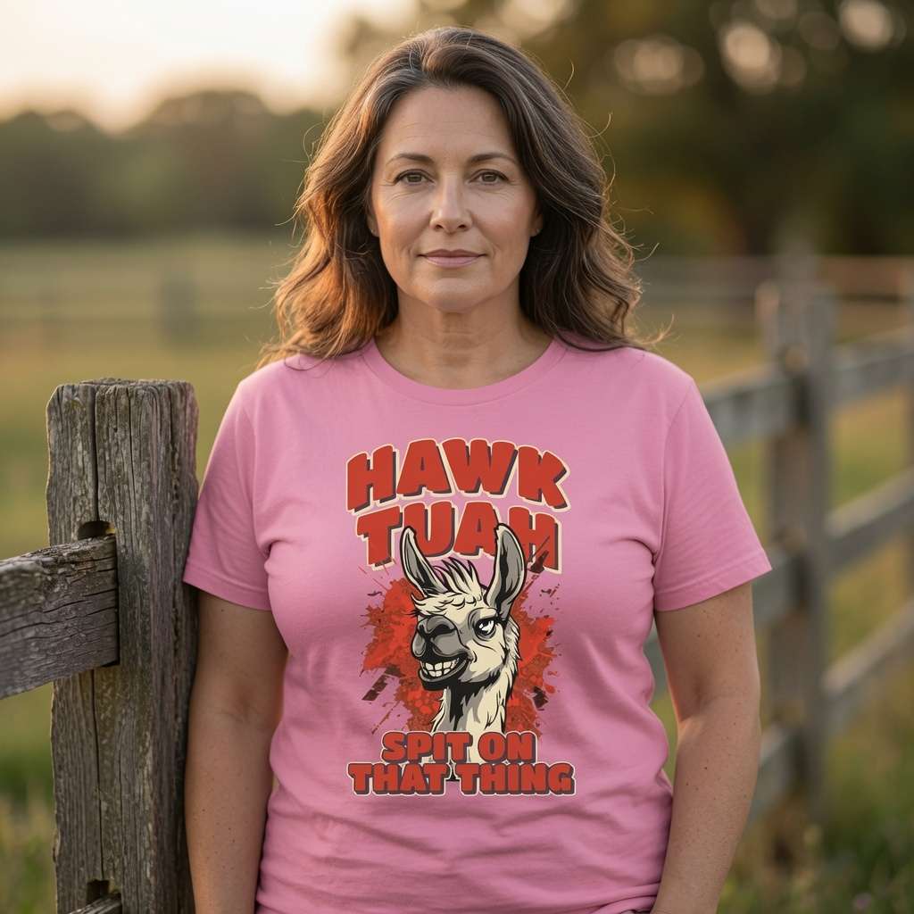 Woman by fence in pink Hawk Tuah Spit on That Thing tee, ladies funny meme graphic