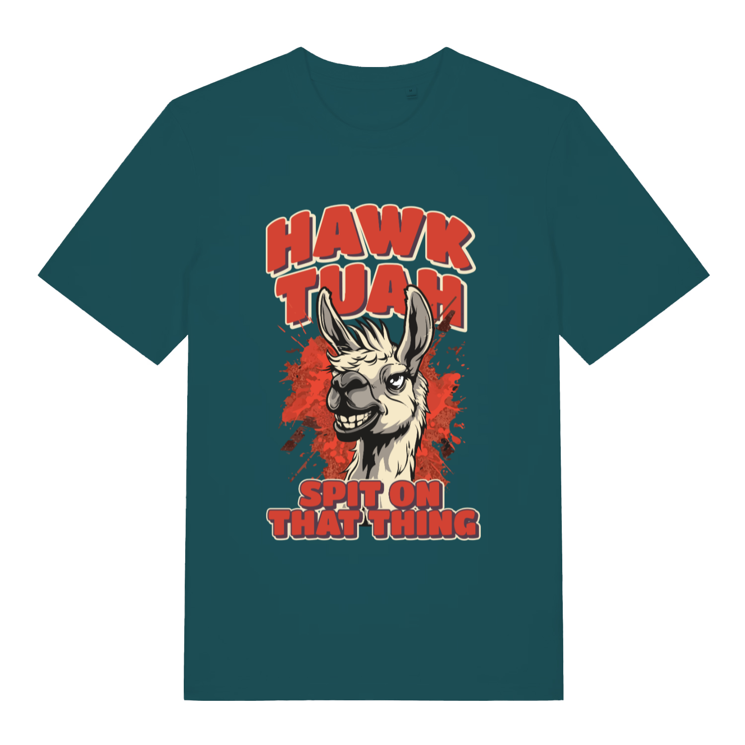 Stargazer women's Hawk Tuah Spit T-shirt flat lay with funny spitting llama viral graphic