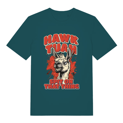 Stargazer women's Hawk Tuah Spit T-shirt flat lay with funny spitting llama viral graphic