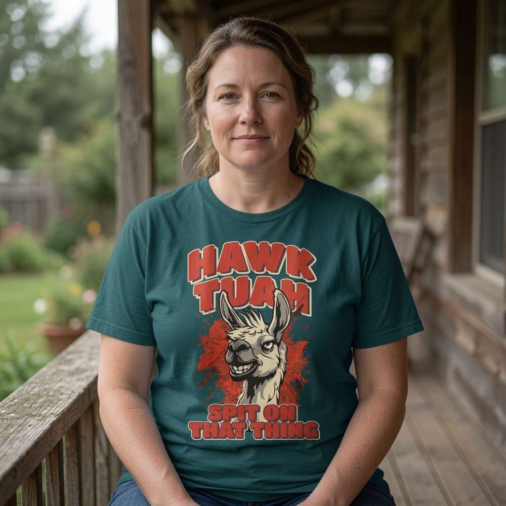 Woman on porch in stargazer Hawk Tuah Spit on That Thing t-shirt featuring grinning llama, humorous ladies meme graphic