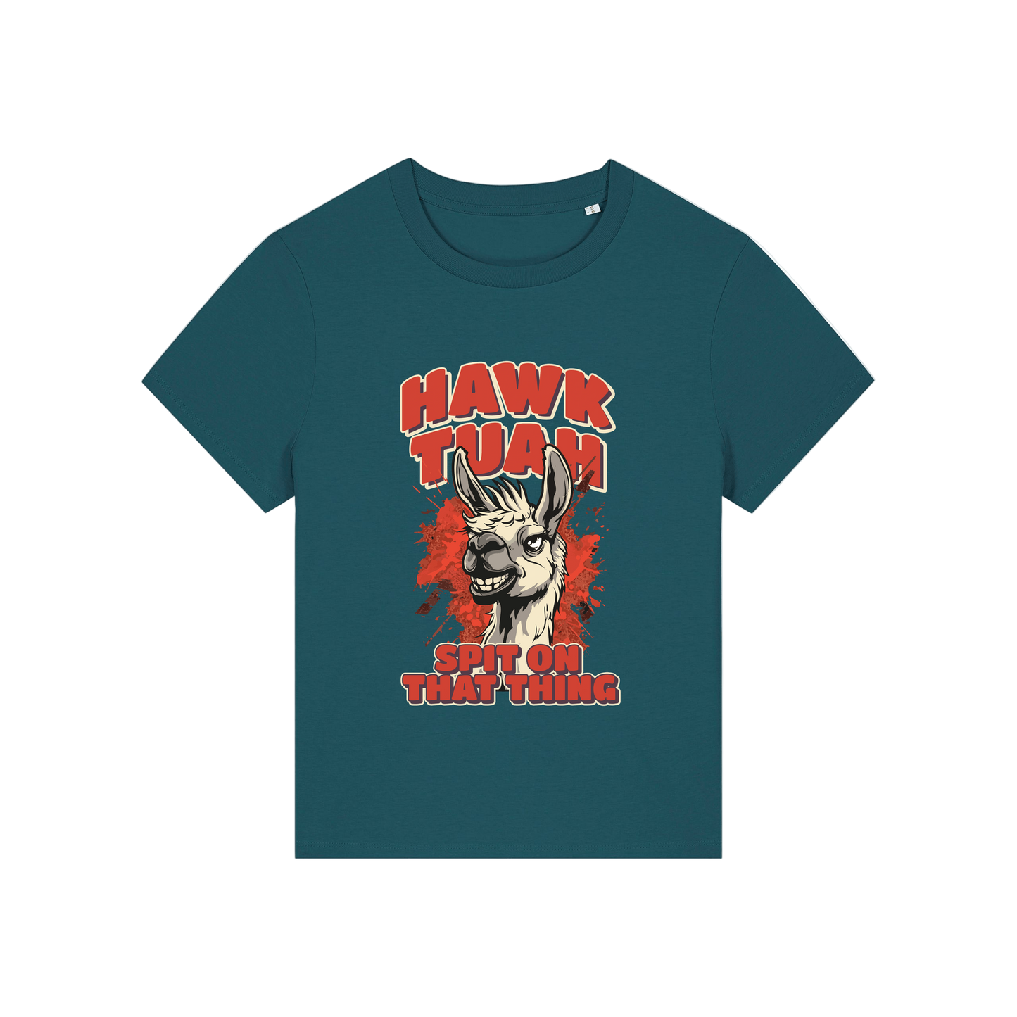 teal funny graphic t-shirt with a llama and the slogan 'hawk tuah spit on that thing'