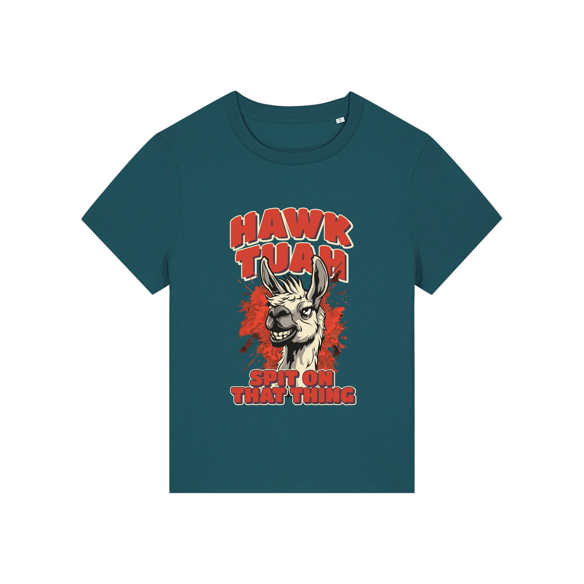 teal funny graphic t-shirt with a llama and the slogan 'hawk tuah spit on that thing'