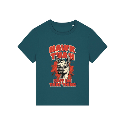 teal funny graphic t-shirt with a llama and the slogan 'hawk tuah spit on that thing'