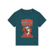teal funny graphic t-shirt with a llama and the slogan 'hawk tuah spit on that thing'