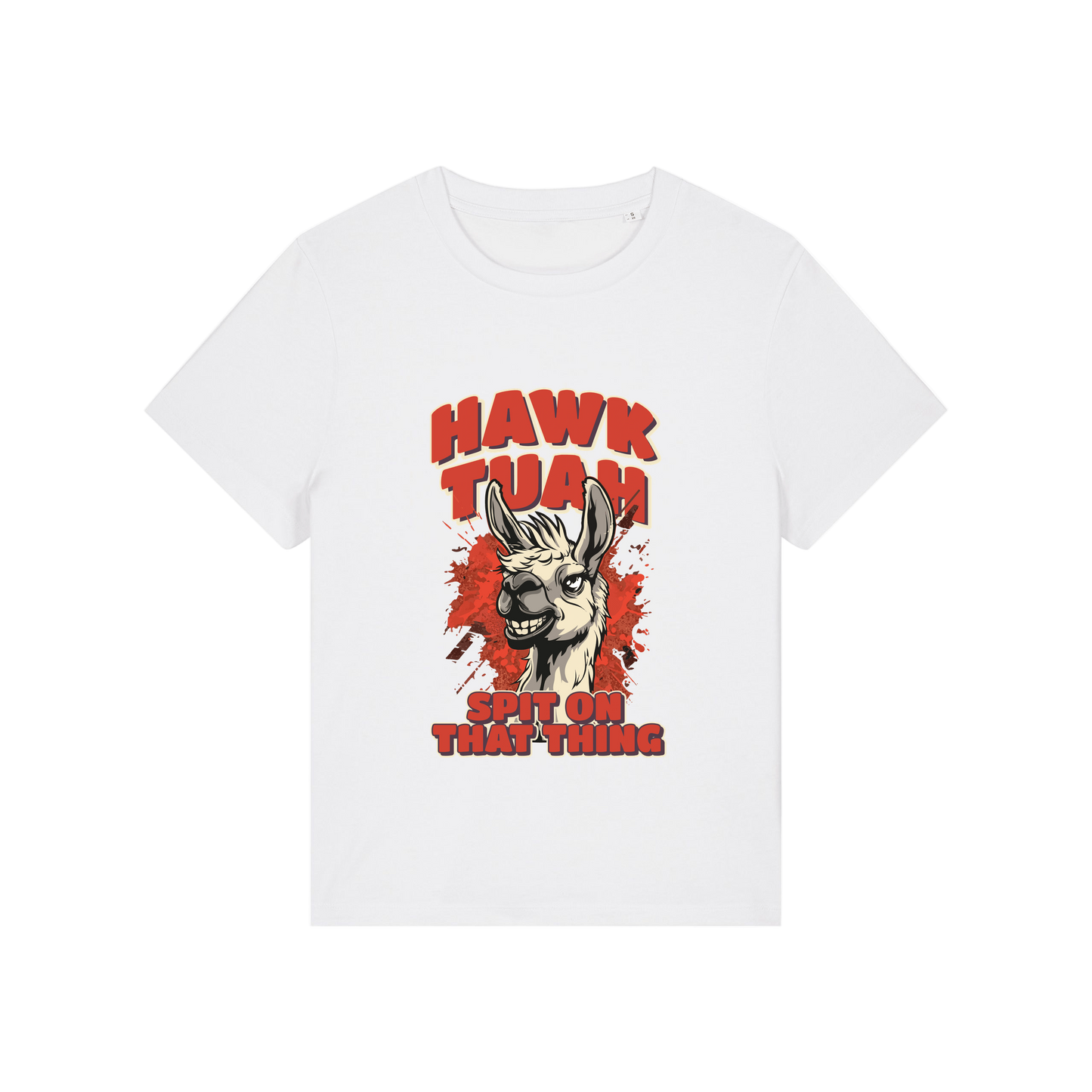 white funny graphic t-shirt with a llama and the slogan 'hawk tuah spit on that thing'