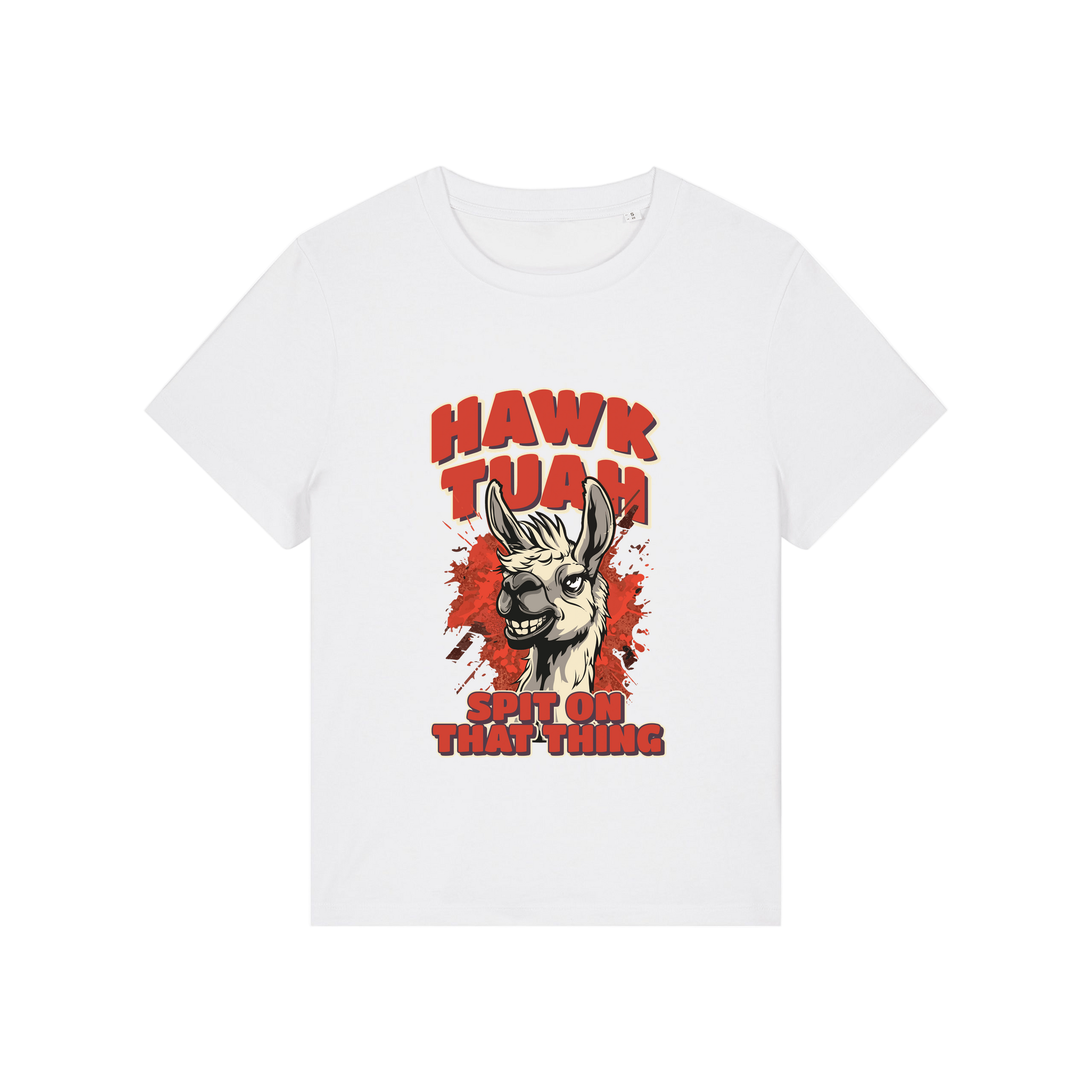white funny graphic t-shirt with a llama and the slogan 'hawk tuah spit on that thing'