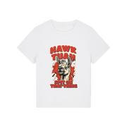 white funny graphic t-shirt with a llama and the slogan 'hawk tuah spit on that thing'