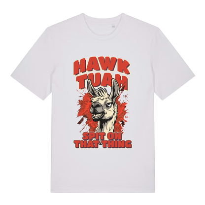 White women's Hawk Tuah Spit T-shirt flat lay featuring grinning llama "spit on that thing" illustration