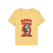 yellow funny graphic t-shirt with a llama and the slogan 'hawk tuah spit on that thing'