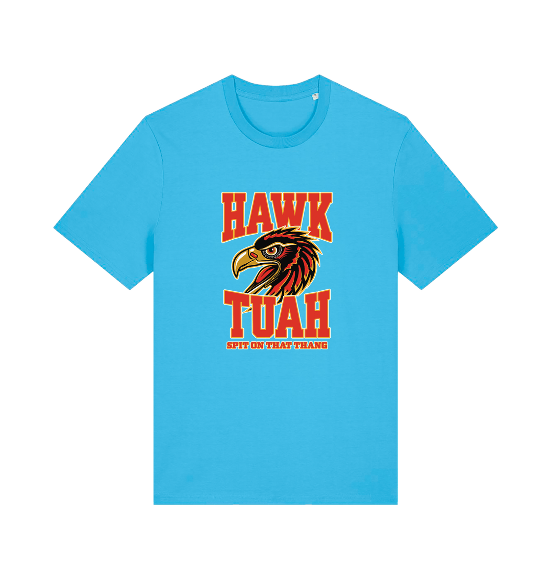 blue funny offensive t-shirt with the graphic of an eagles head and the slogan 'hawk tuah spit on that thang'