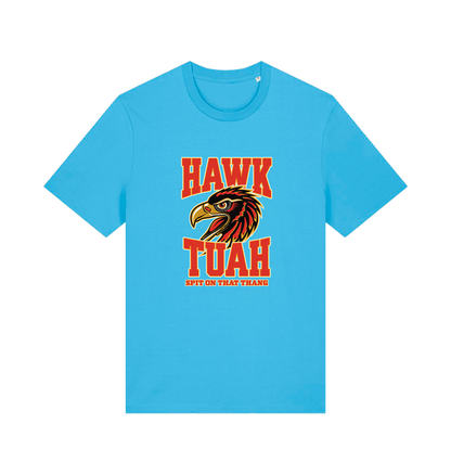 blue funny offensive t-shirt with the graphic of an eagles head and the slogan 'hawk tuah spit on that thang'