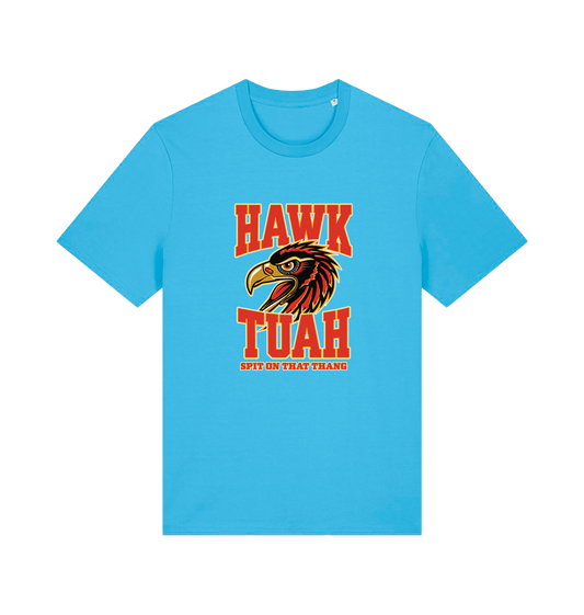 blue funny offensive t-shirt with the graphic of an eagles head and the slogan 'hawk tuah spit on that thang'