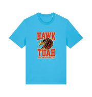 blue funny offensive t-shirt with the graphic of an eagles head and the slogan 'hawk tuah spit on that thang'