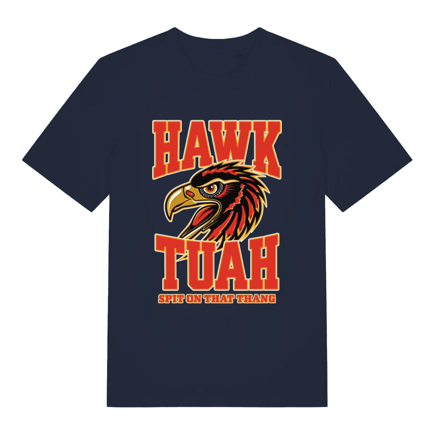French Navy Hawk Tuah T-shirt flat lay with eagle head "Hawk Tuah Spit On That Thang" viral meme graphic