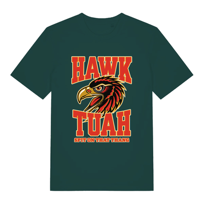 Glazed Green Hawk Tuah T-shirt flat lay featuring funny eagle "hawk tuah" design