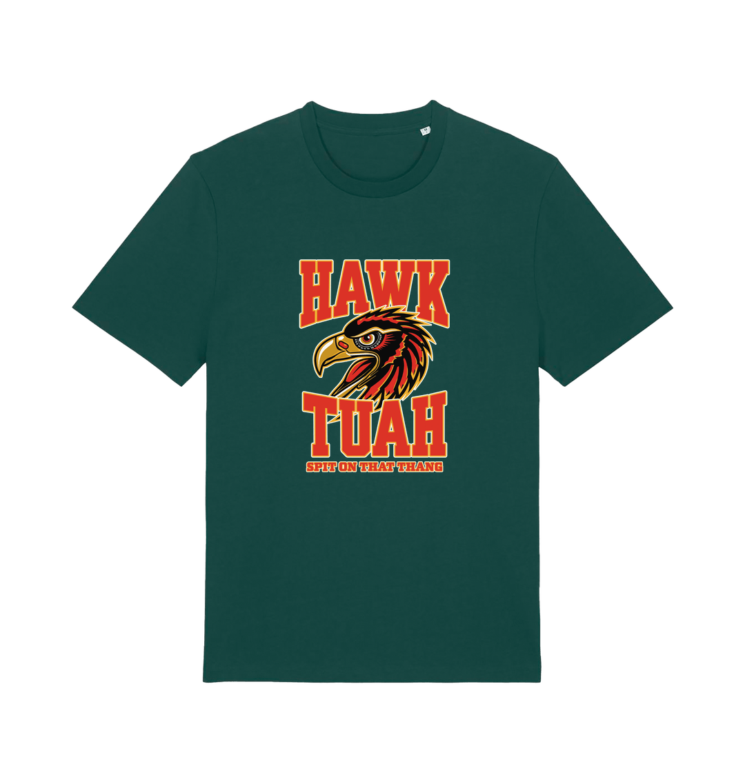 green funny offensive t-shirt with the graphic of an eagles head and the slogan 'hawk tuah spit on that thang'