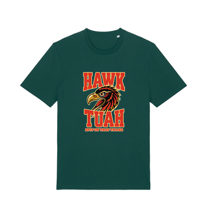 green funny offensive t-shirt with the graphic of an eagles head and the slogan 'hawk tuah spit on that thang'