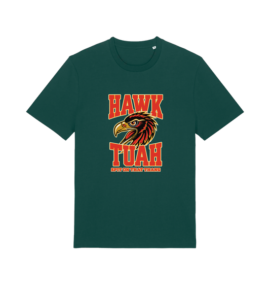green funny offensive t-shirt with the graphic of an eagles head and the slogan 'hawk tuah spit on that thang'