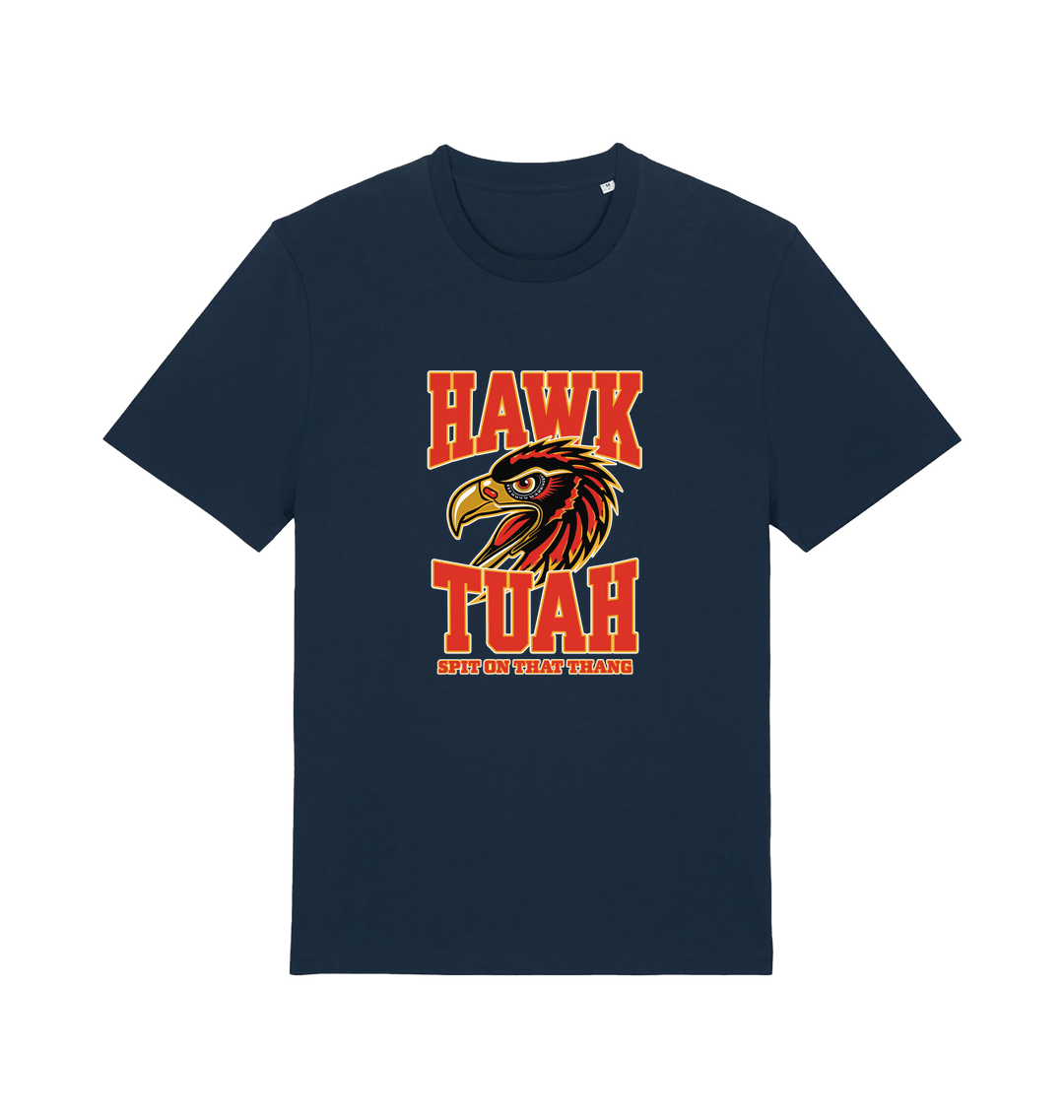 navy funny offensive t-shirt with the graphic of an eagles head and the slogan 'hawk tuah spit on that thang'
