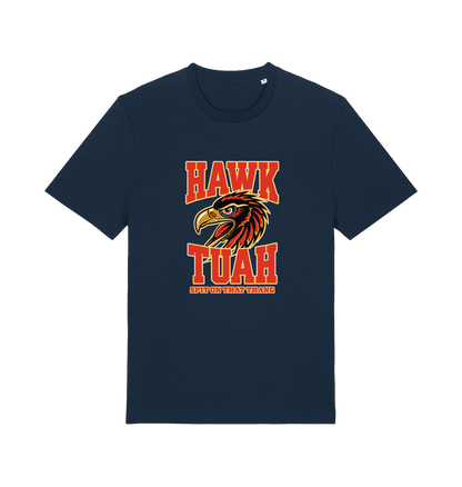 navy funny offensive t-shirt with the graphic of an eagles head and the slogan 'hawk tuah spit on that thang'