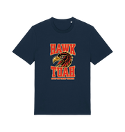 navy funny offensive t-shirt with the graphic of an eagles head and the slogan 'hawk tuah spit on that thang'