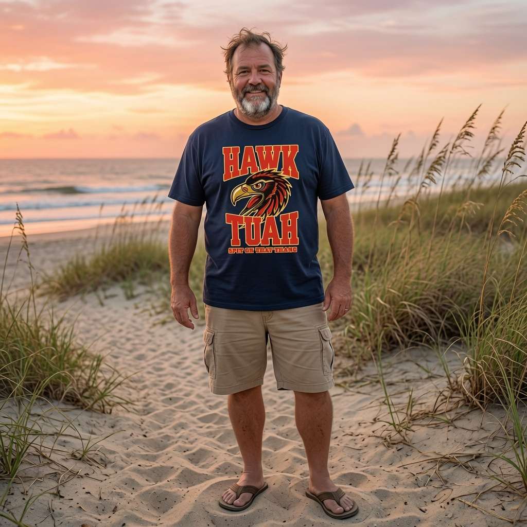 Bearded man on beach at sunset in navy Hawk Tuah Spit on That Thang t-shirt, mens viral meme graphic